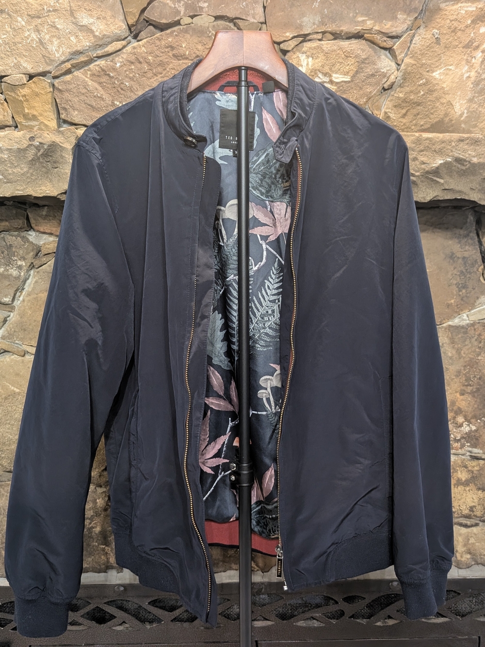 Ted Baker Navy Bomber Jacket with Floral Lining Mushroom Frog - Picture 1 of 10